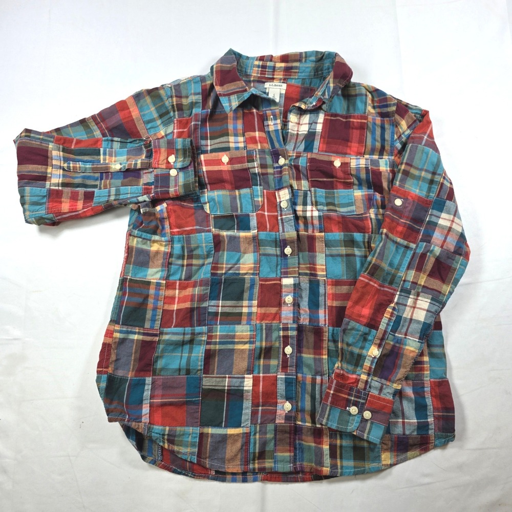LL Bean Womens S Patchwork Plaid Button Down Shirt Multicolor Roll Tab Sleeve